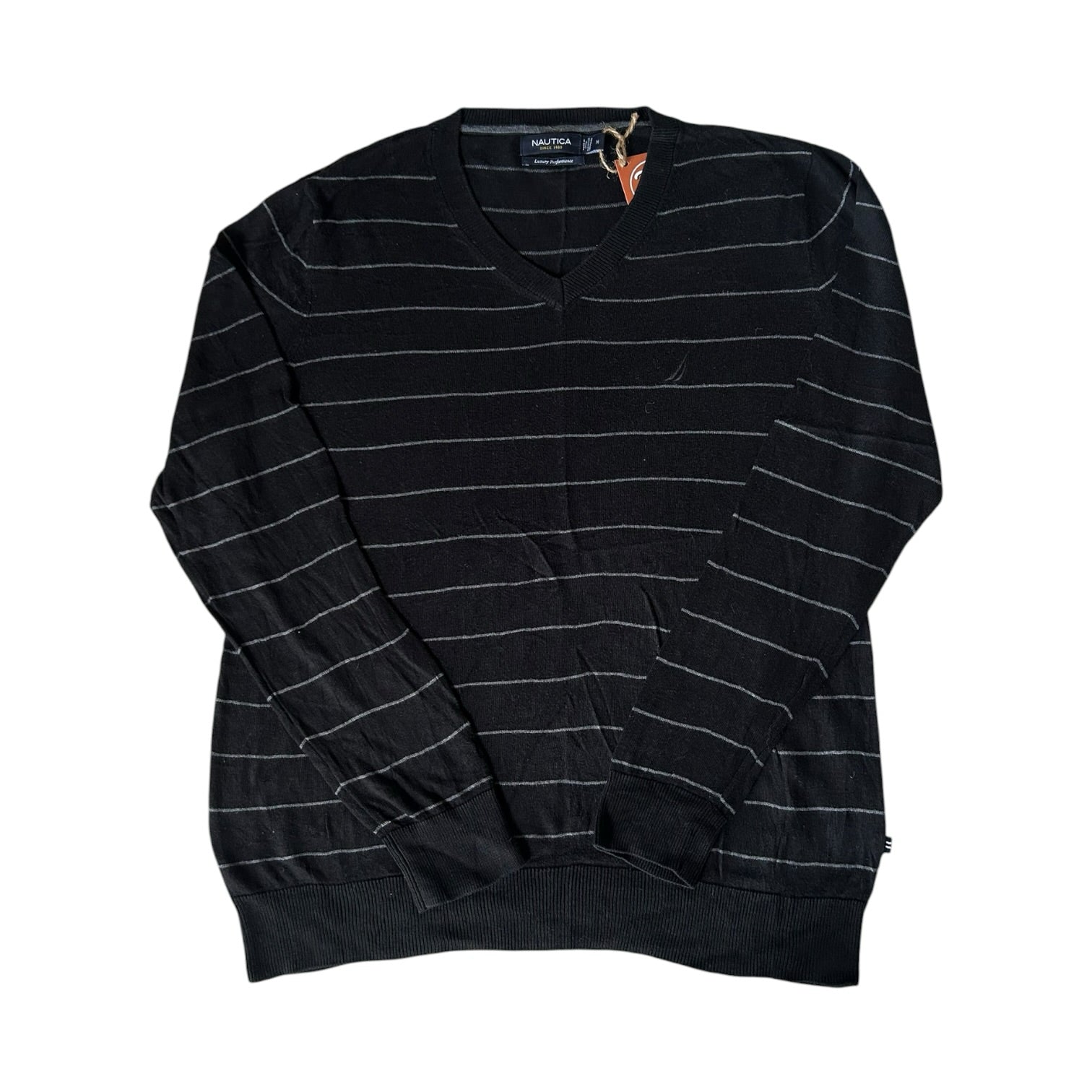 Medium Nautica Black and Grey V-Neck Jumper
