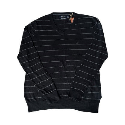 Medium Nautica Black and Grey V-Neck Jumper