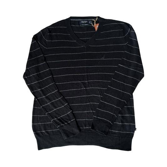 Medium Nautica Black and Grey V-Neck Jumper