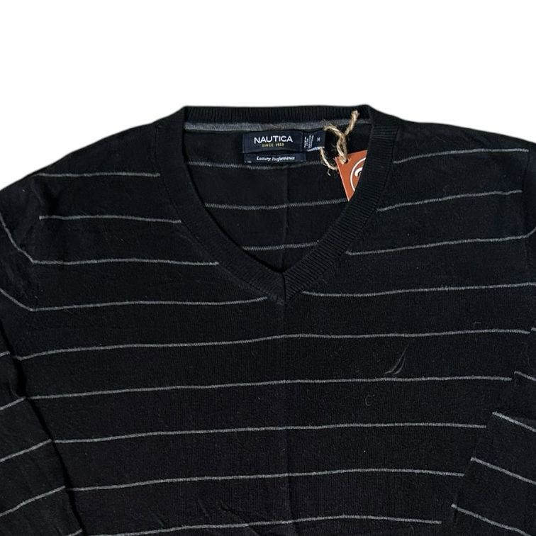 Medium Nautica Black and Grey V-Neck Jumper