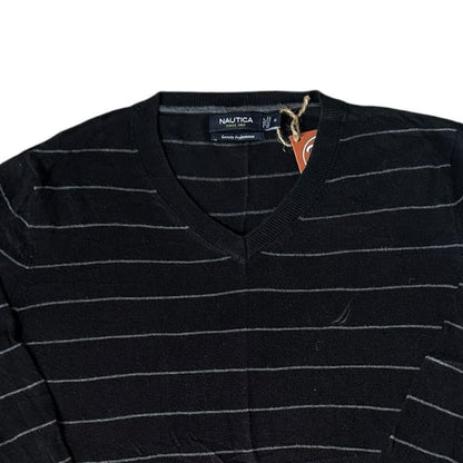 Medium Nautica Black and Grey V-Neck Jumper