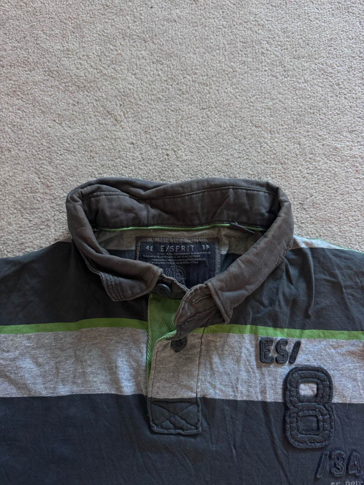 Large Esprit Grey, Green and Navy Rugby Shirt - sewn hole