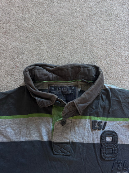 Large Esprit Grey, Green and Navy Rugby Shirt - sewn hole