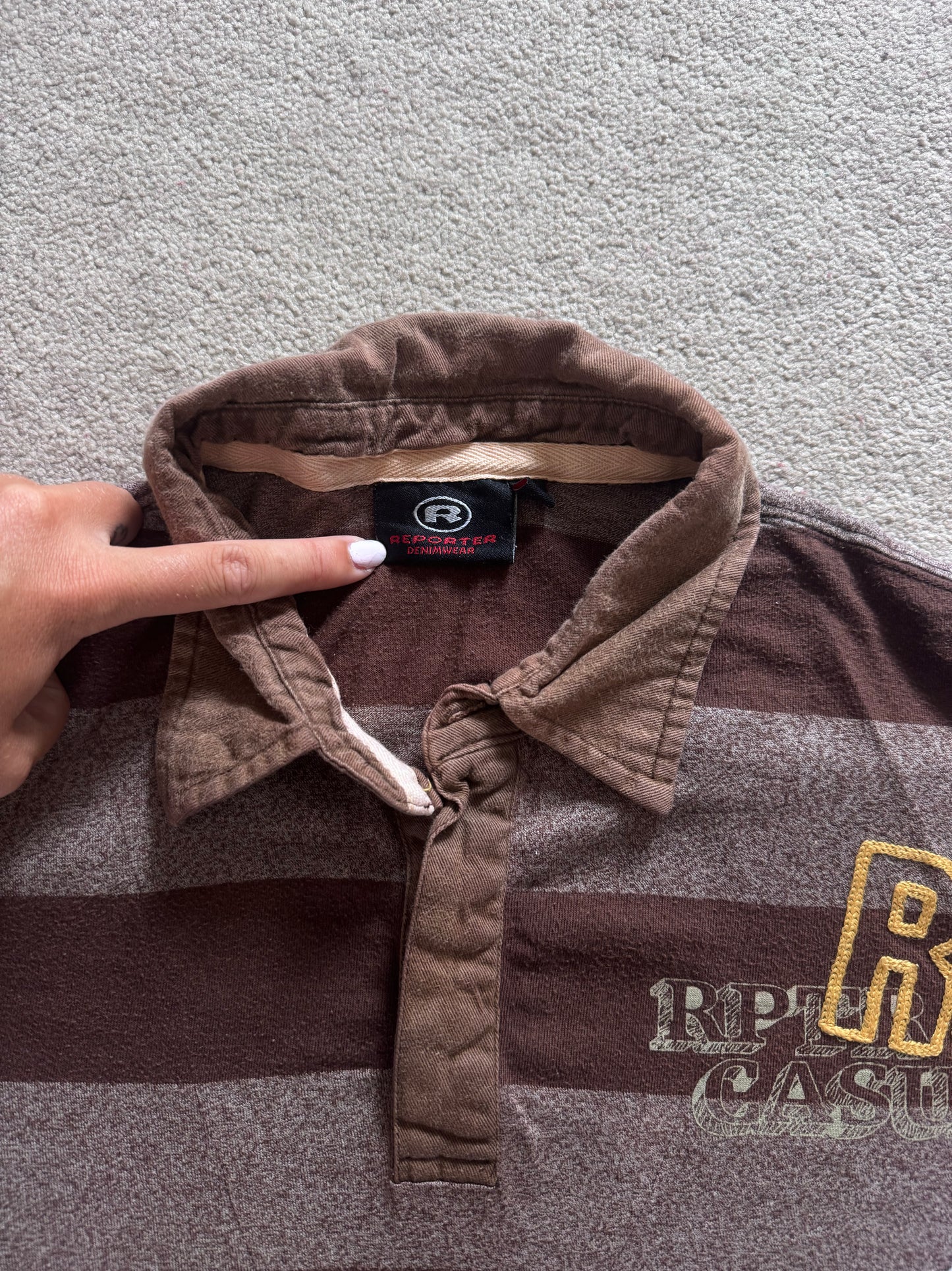 Medium Reporter Brown Striped and White Built In Sleeves Rugby Shirt