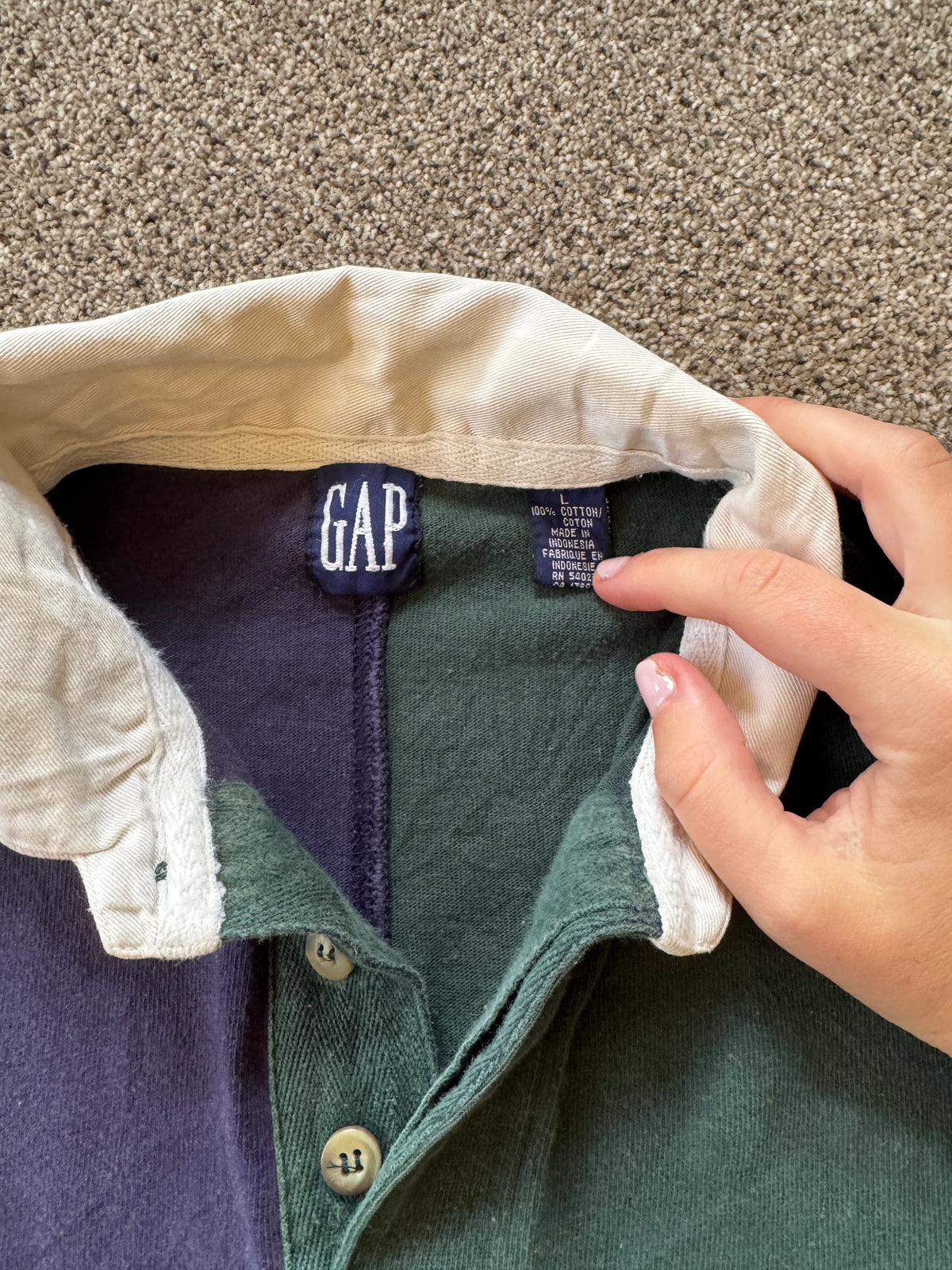 90s Large Gap Navy, Green and Brown Rugby Shirt