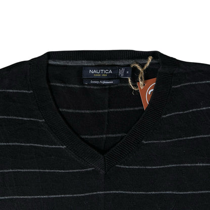 Medium Nautica Black and Grey V-Neck Jumper