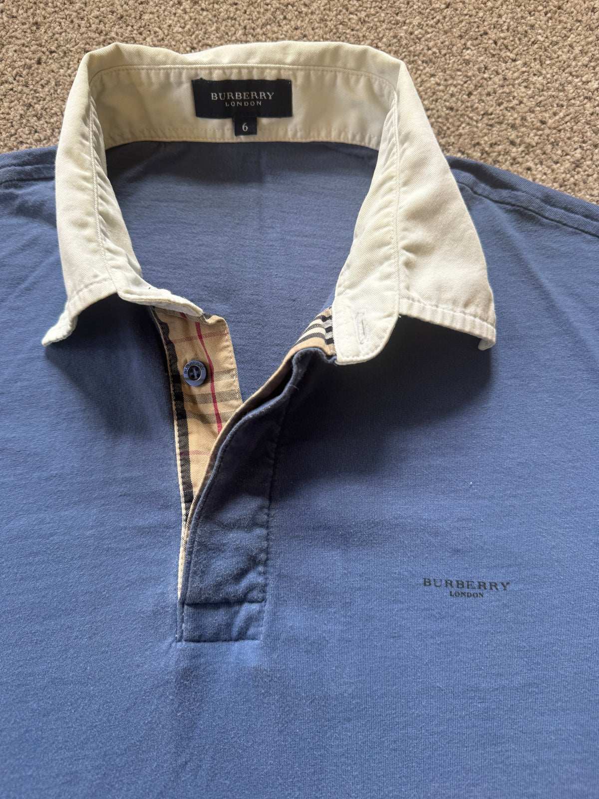 Large 90s Burberry Blue with Nova Check Detailed Rugby Shirt