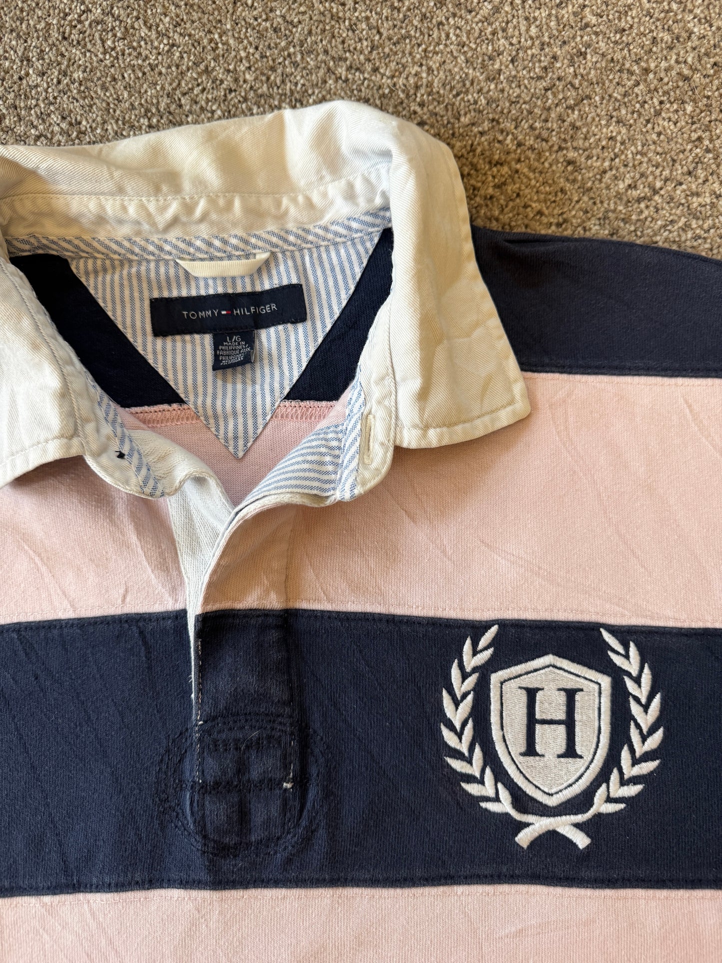 Large Tommy Hilfiger Navy/Pink Short Sleeved Rugby Shirt