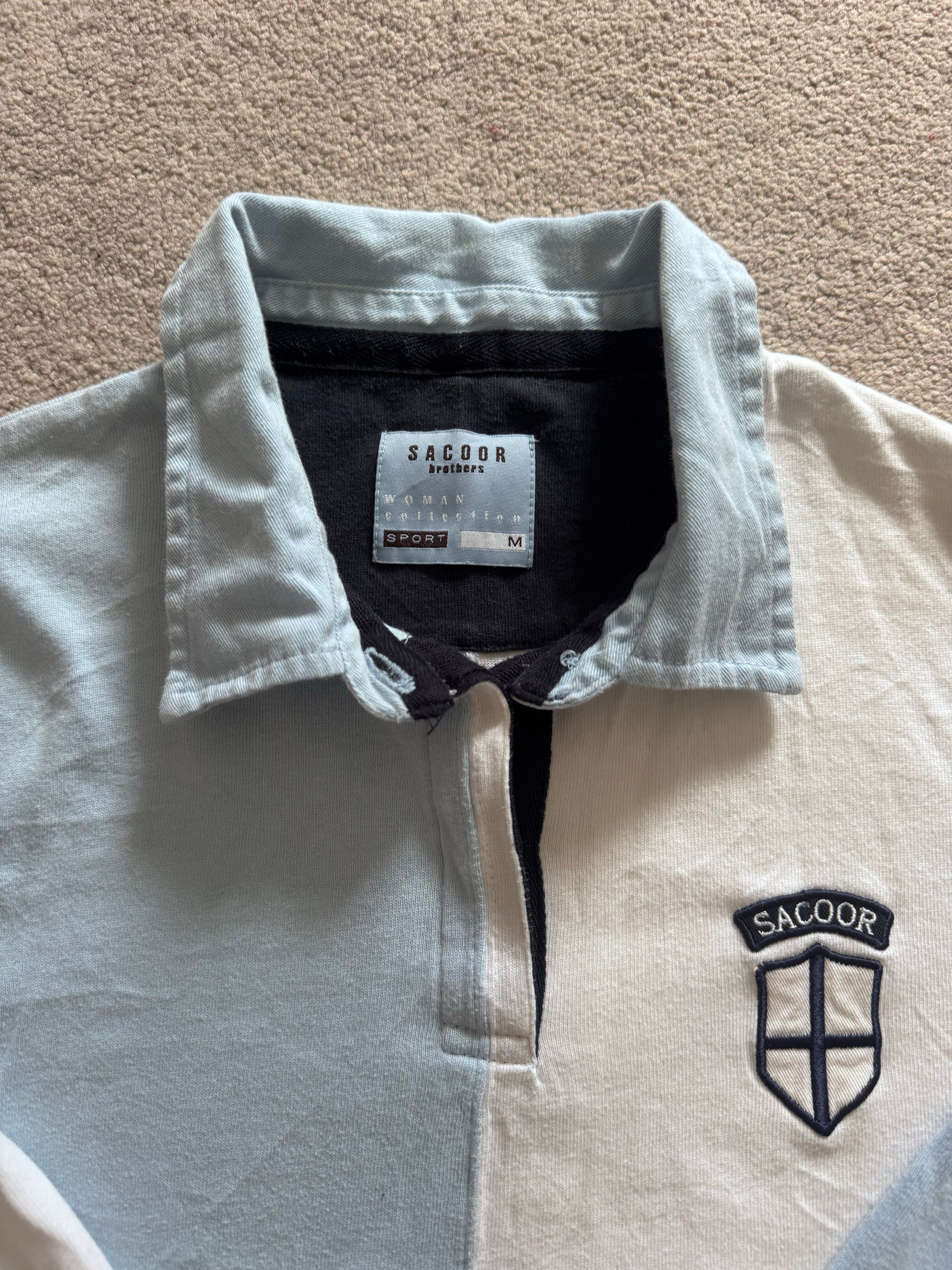 Woman's Medium Sacoor Blue and Cream Rugby Shirt