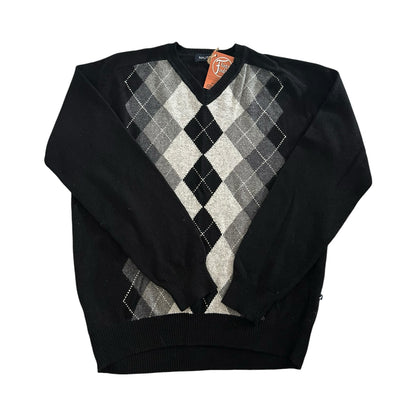 Medium Nautica Black Argyle V-Neck Wool Blend Jumper