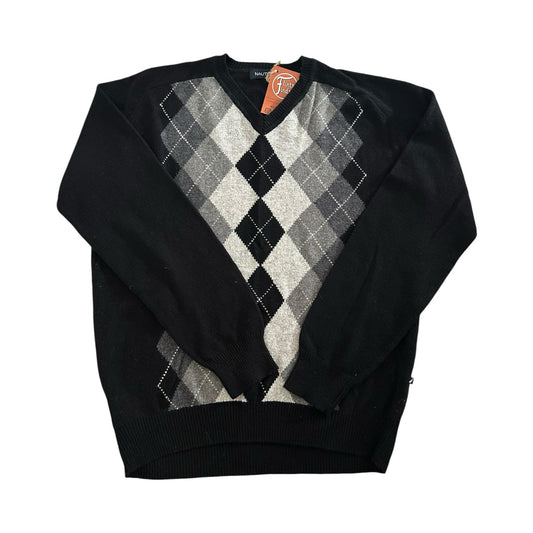 Medium Nautica Black Argyle V-Neck Wool Blend Jumper
