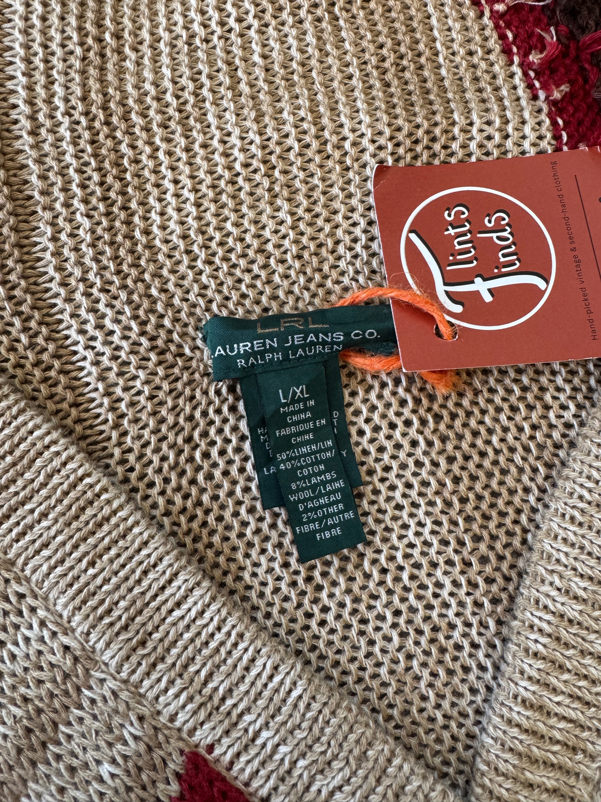 Woman's Large Ralph Lauren Southwestern Tribal Aztec Beige Shawl Cardigan Wrap