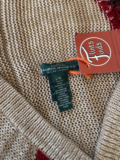 Woman's Large Ralph Lauren Southwestern Tribal Aztec Beige Shawl Cardigan Wrap