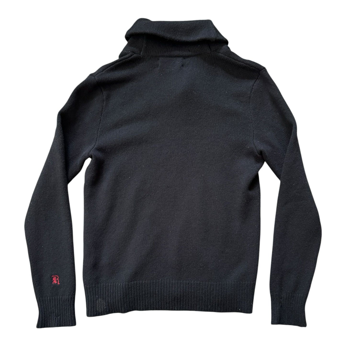 Medium Ralph Lauren Rugby Black Shetland Wool Shawl Neck Jumper - Repaired