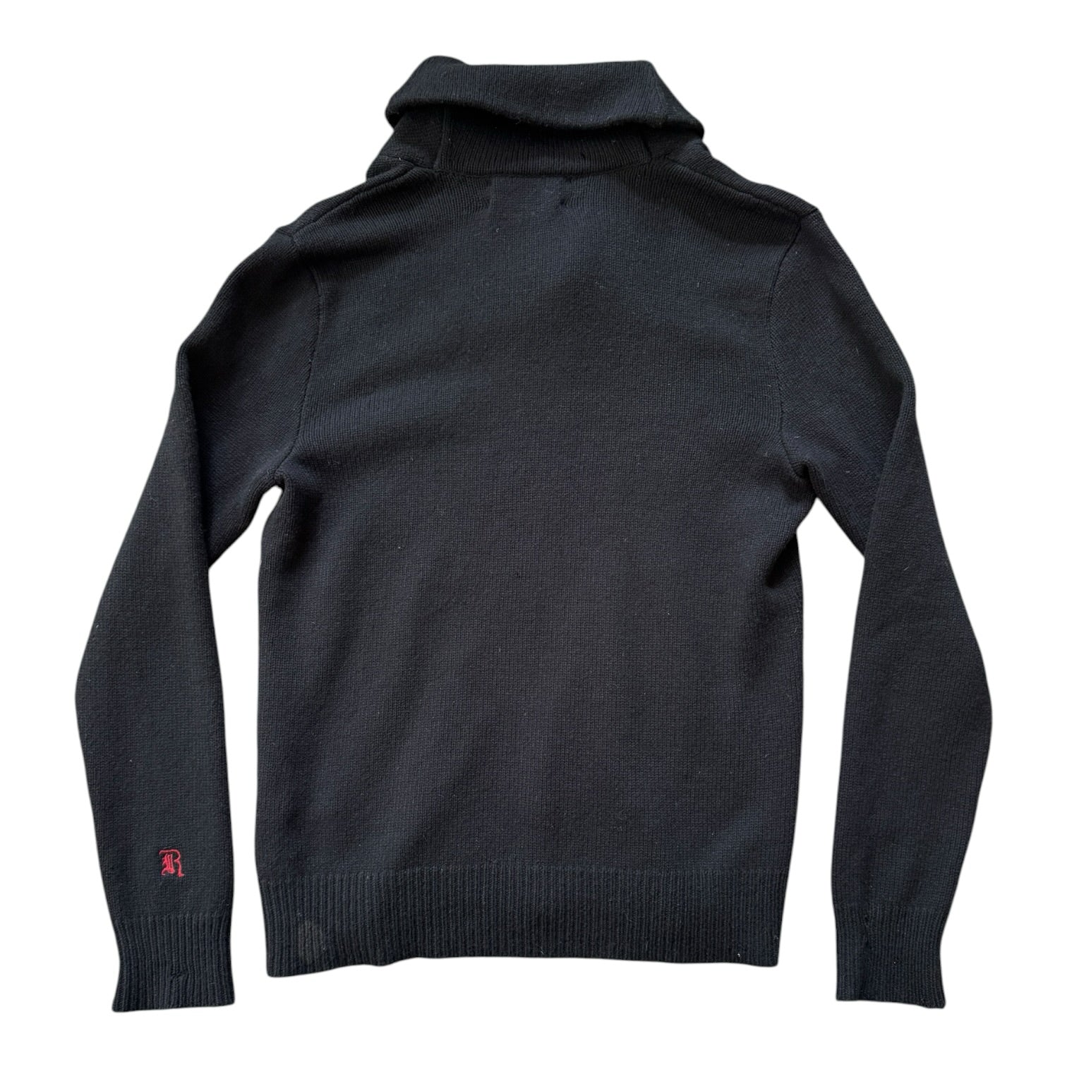 Medium Ralph Lauren Rugby Black Shetland Wool Shawl Neck Jumper - Repaired