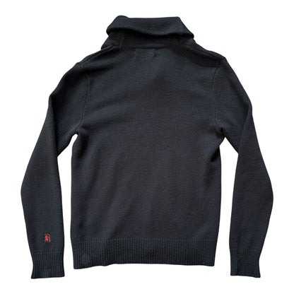 Medium Ralph Lauren Rugby Black Shetland Wool Shawl Neck Jumper - Repaired