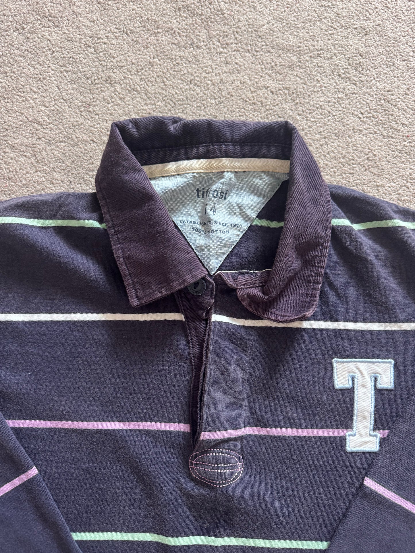 Aged 14 Tiffosi Navy and Multi-coloured Striped Rugby Shirt