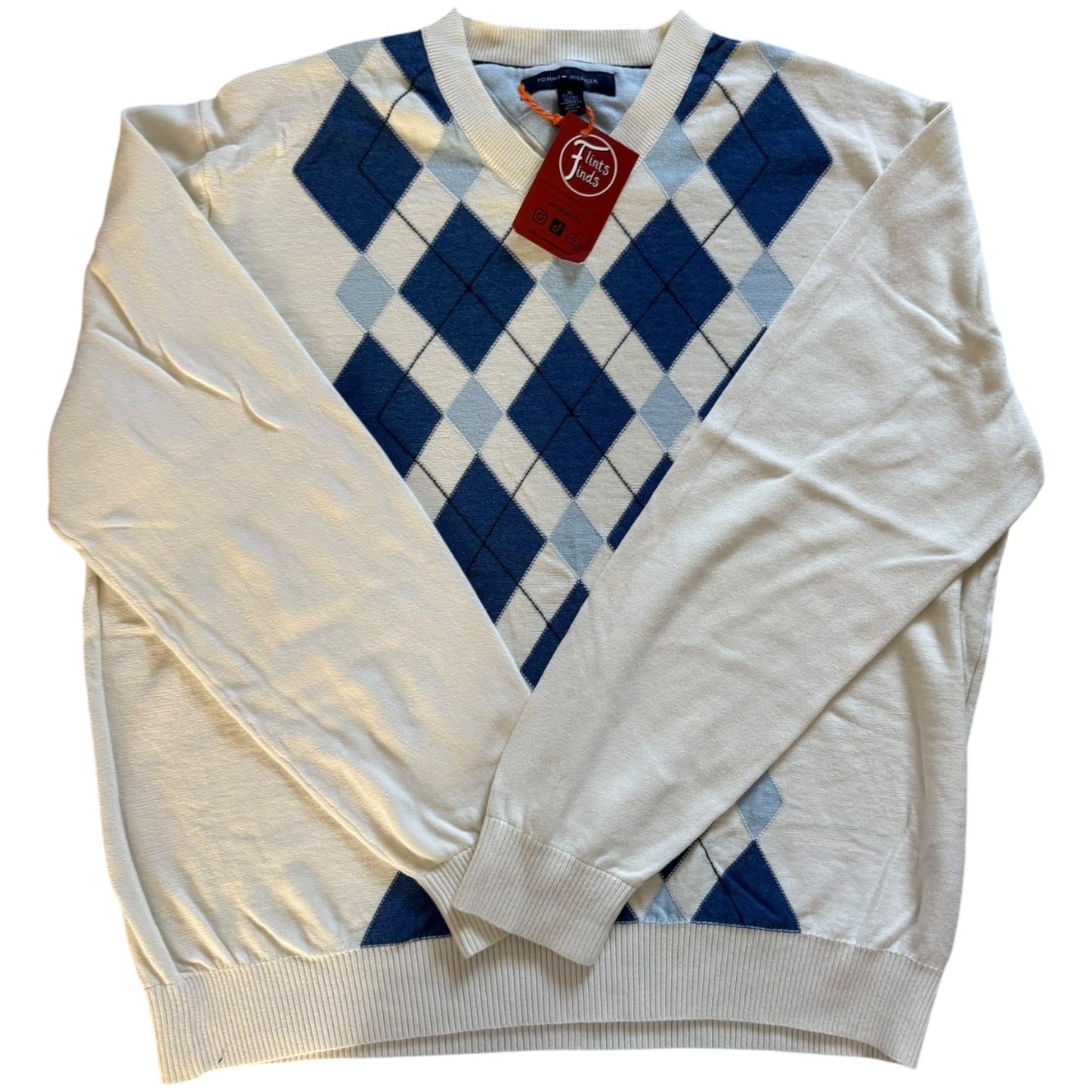 Extra Large Tommy Hilfiger Blue and White Checkered Knitted Jumper
