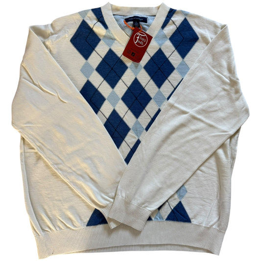 Extra Large Tommy Hilfiger Blue and White Checkered Knitted Jumper