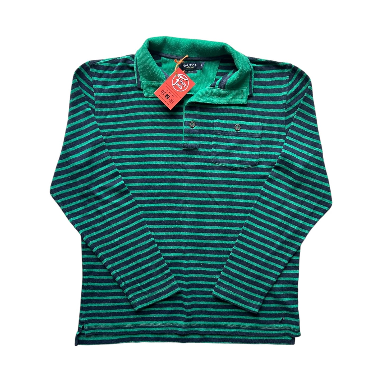 Large Nautica Green and Navy Striped Long Sleeved Polo Shirt