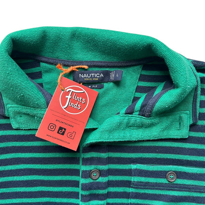 Large Nautica Green and Navy Striped Long Sleeved Polo Shirt