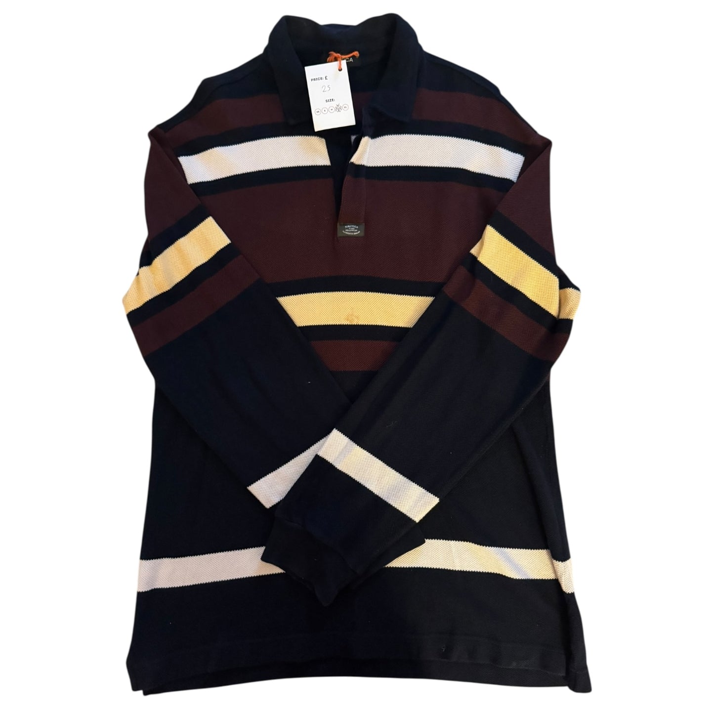 Large Nautica Navy and Burgundy Striped Long Sleeved Polo Shirt