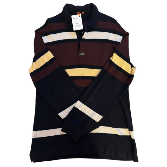 Large Nautica Navy and Burgundy Striped Long Sleeved Polo Shirt