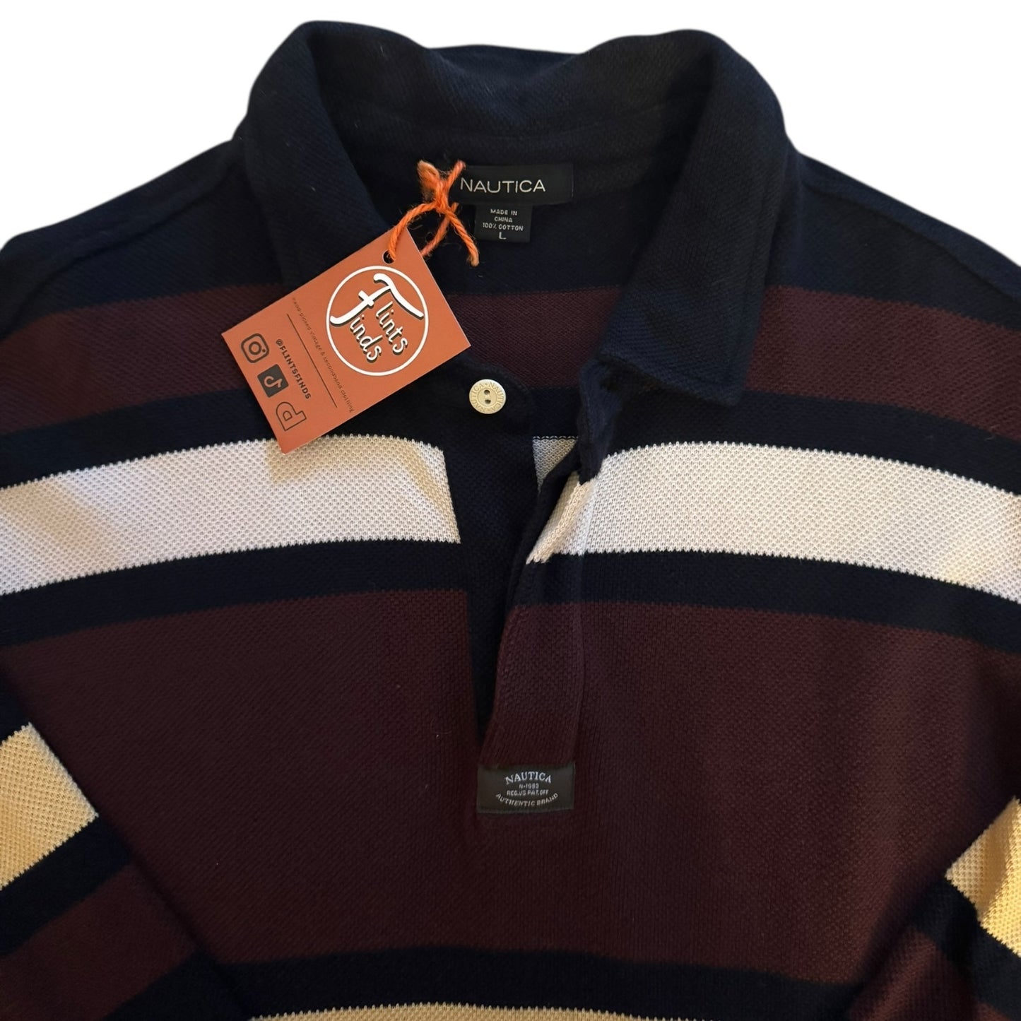 Large Nautica Navy and Burgundy Striped Long Sleeved Polo Shirt