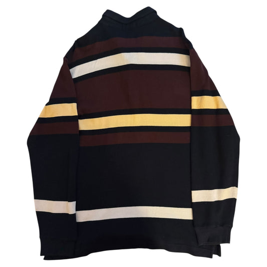 Large Nautica Navy and Burgundy Striped Long Sleeved Polo Shirt