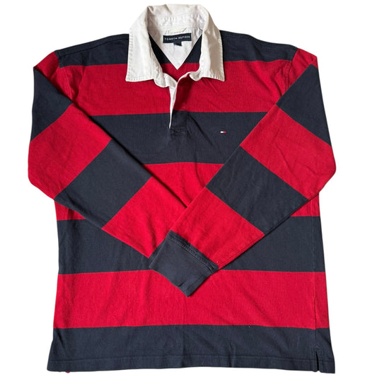 Large Tommy Hilfiger Red and Navy Striped Rugby Shirt