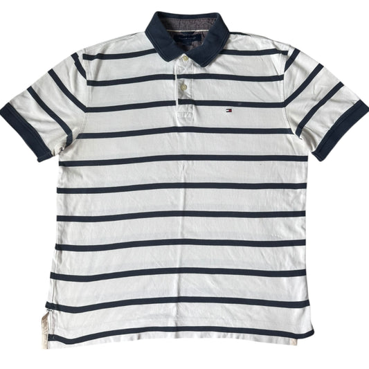 Large Tommy Hilfiger Navy and White Striped Polo Shirt