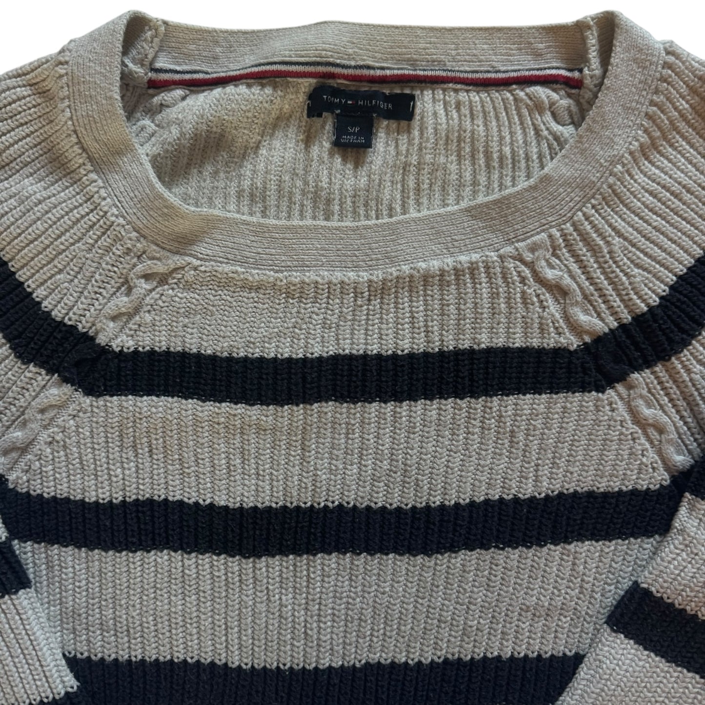 Woman’s Small Tommy Hilfiger Navy and White Striped Knitted JUmper