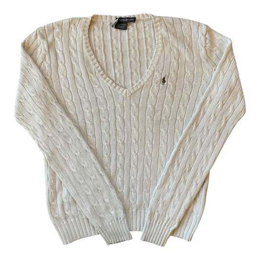 Womans Large Ralph Lauren White V-Neck Cable Knit