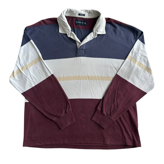 Extra Large Abercrombie and Fitch Blue, White and Burgundy Rugby Shirt