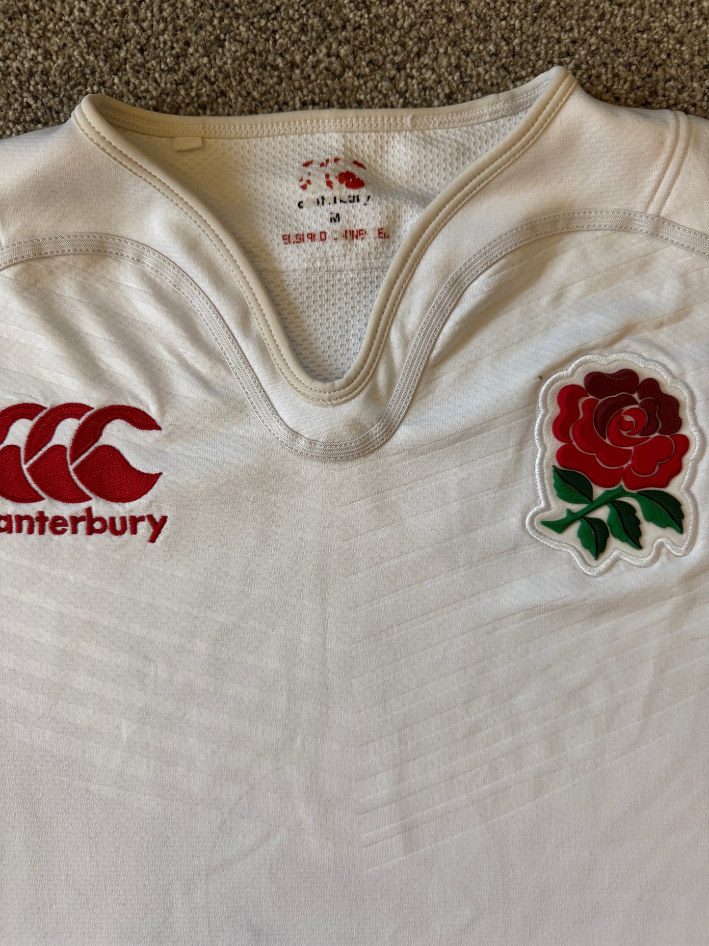 Medium England Canterbury White Rugby Shirt - stained