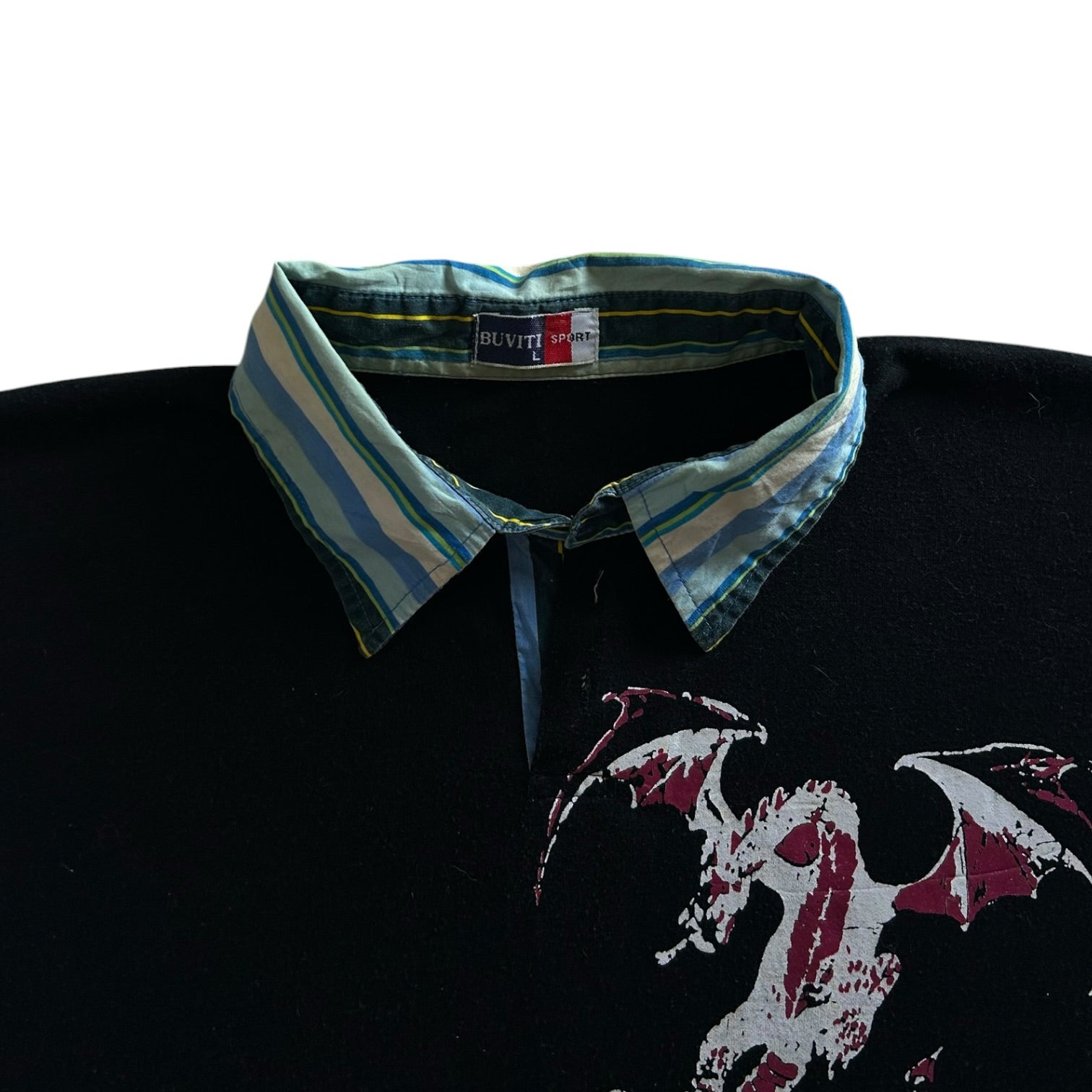 Large Buviti Sport Black with Blue Striped Built in Sleeves Rugby Shirt