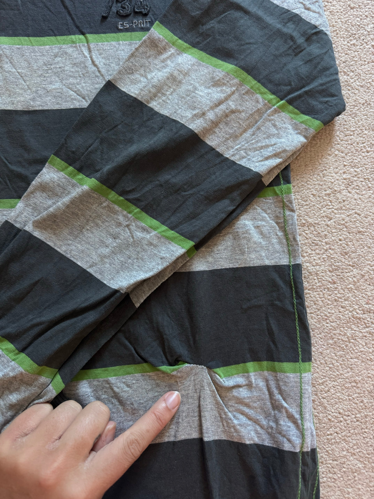 Large Esprit Grey, Green and Navy Rugby Shirt - sewn hole