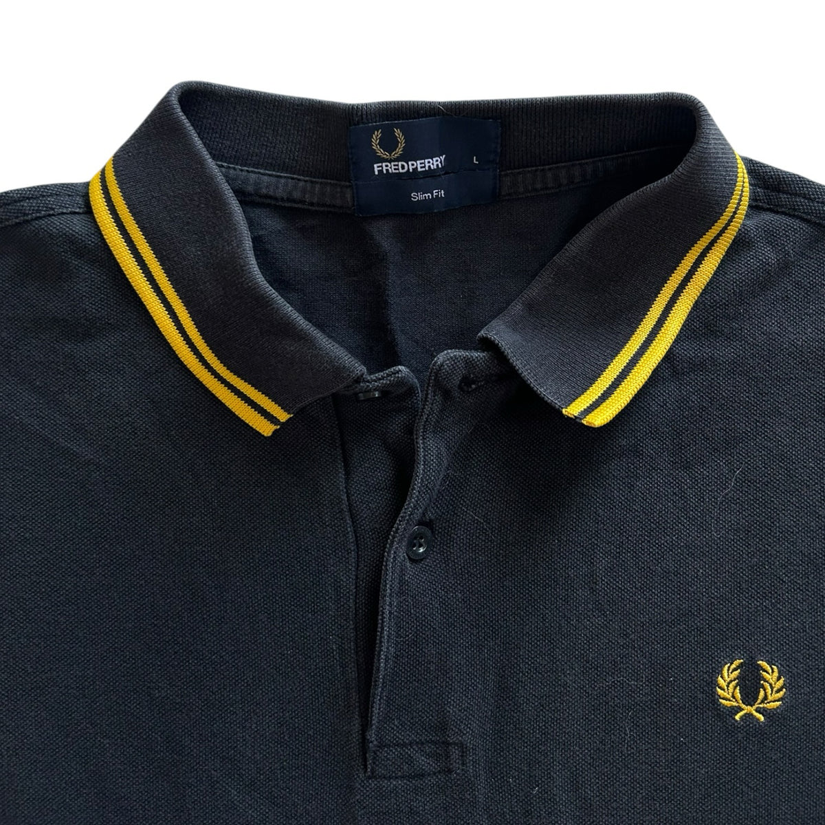 Large Fred Perry Black and Yellow Long Sleeved Polo Shirt