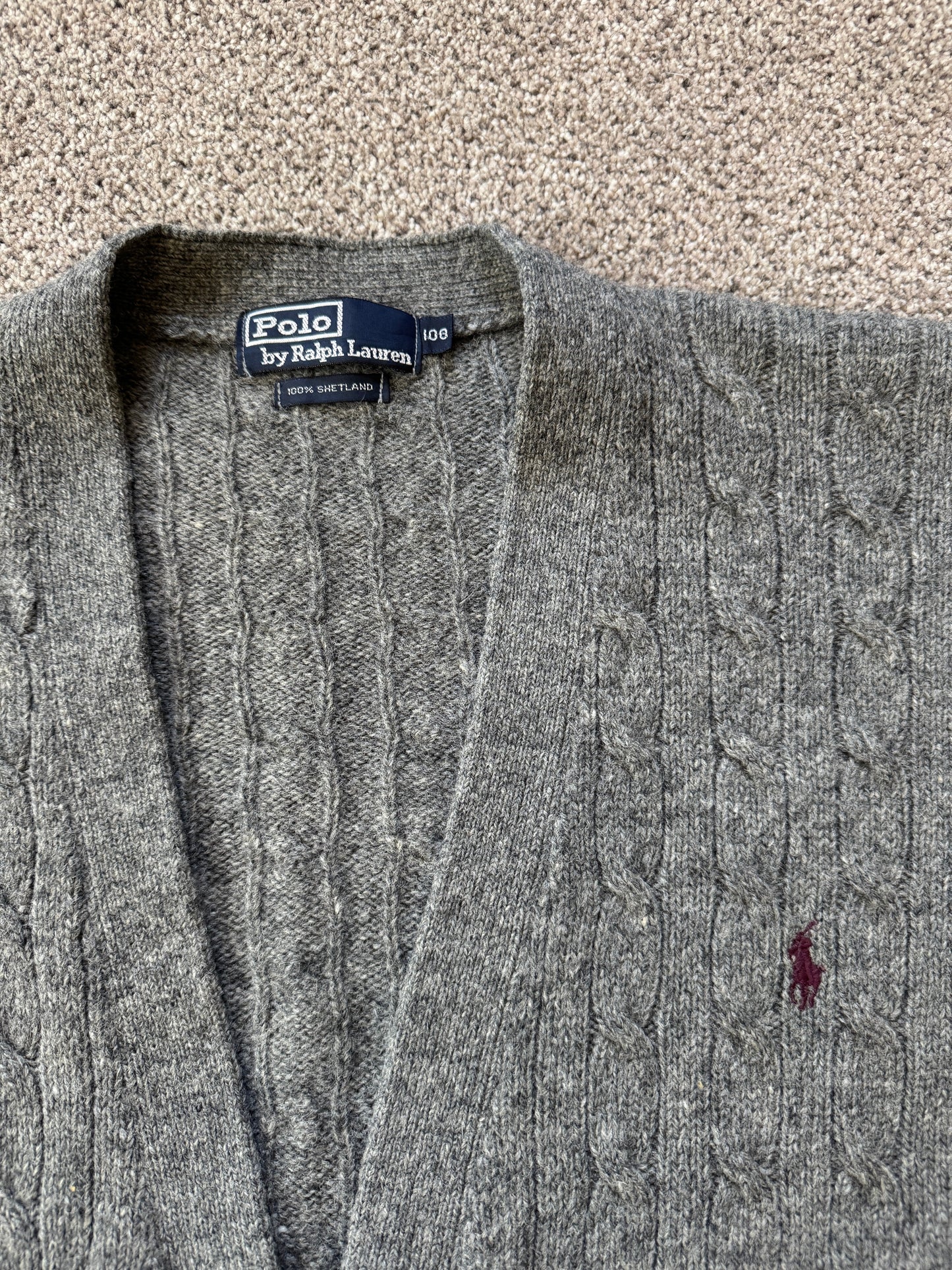 Large Ralph Lauren Grey Cable Knit Shetland Wool Cardigan