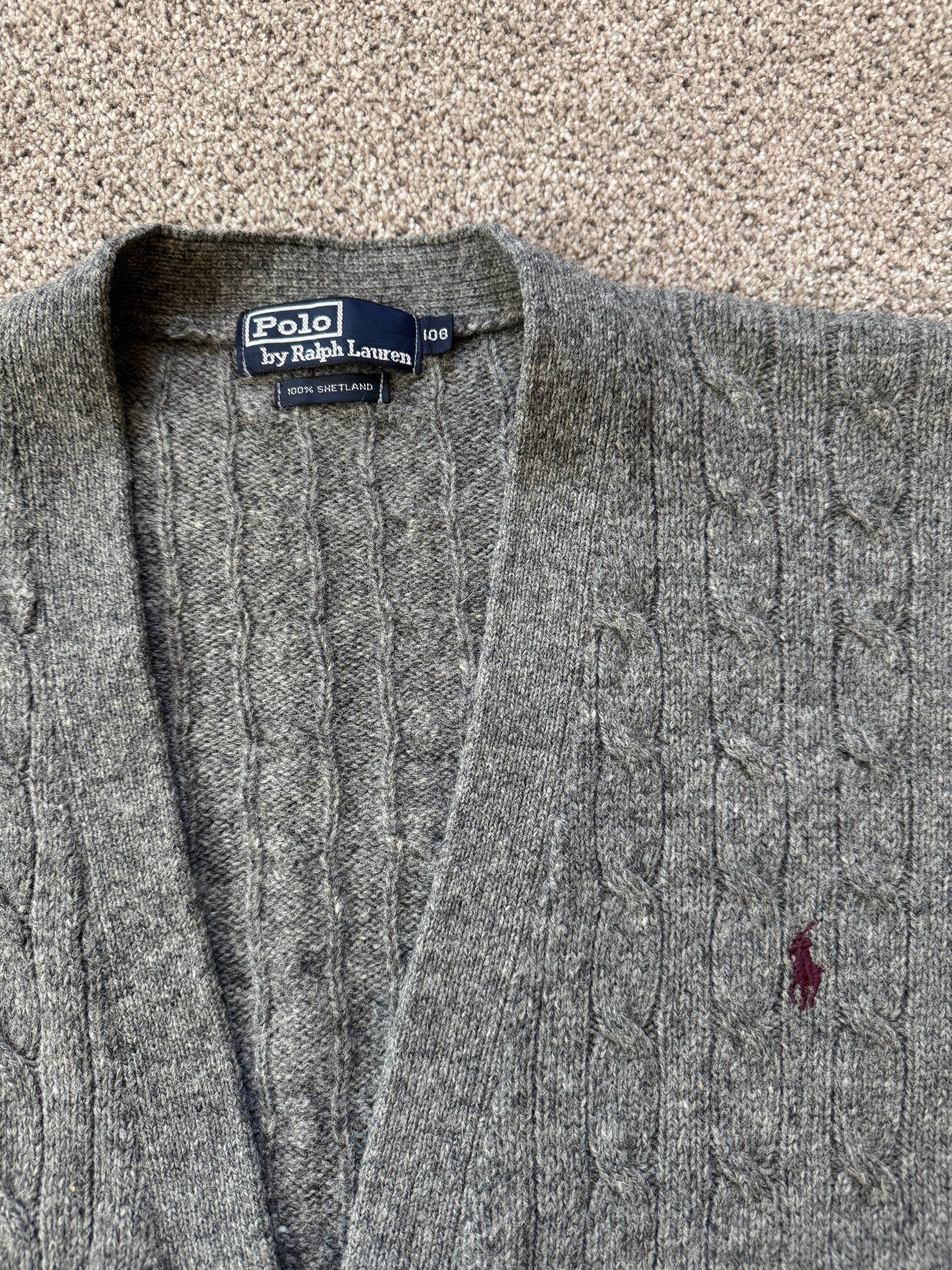 Large Ralph Lauren Grey Cable Knit Shetland Wool Cardigan