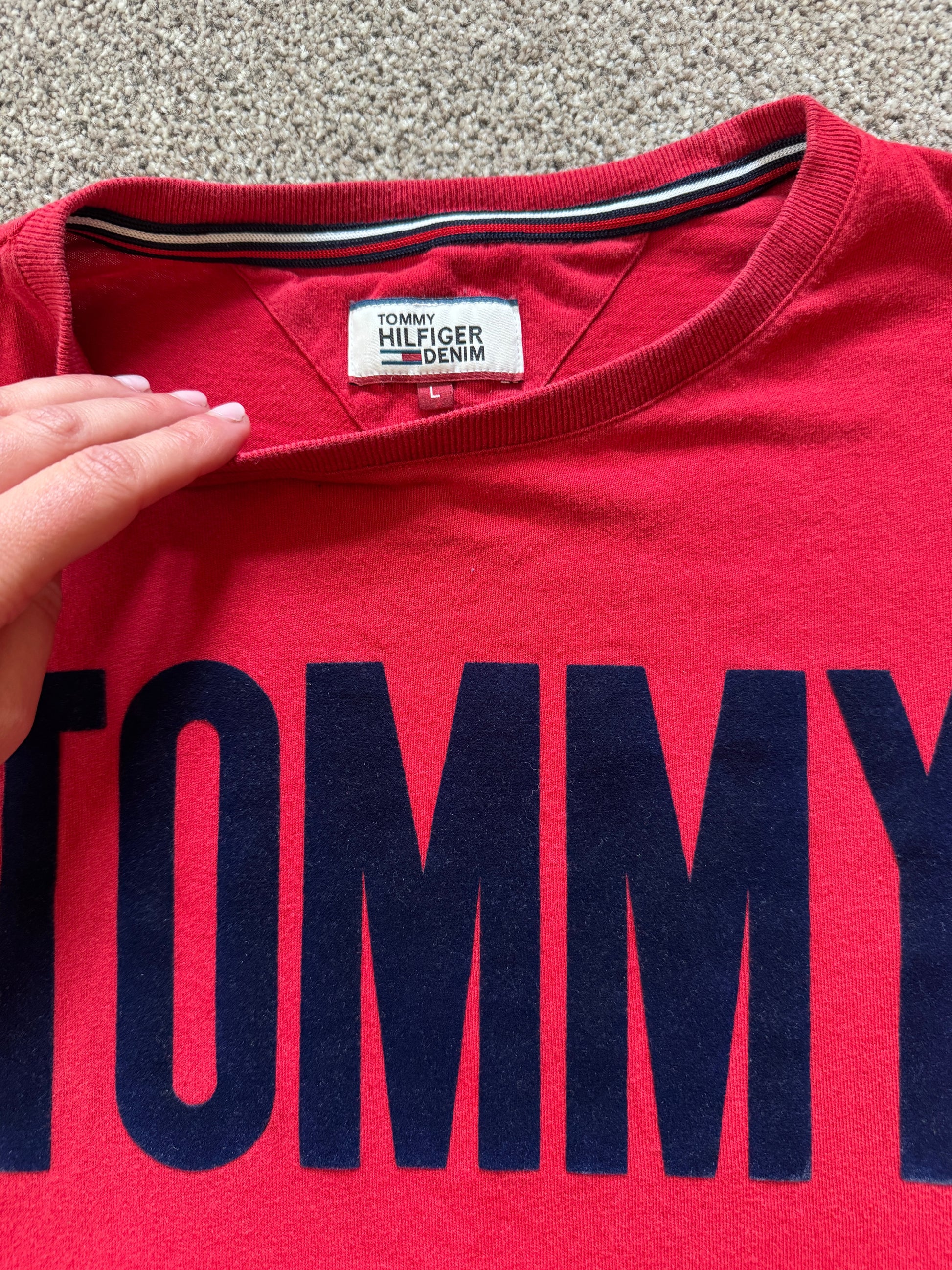 Large Tommy Hilfiger Red Suede Spell-out T-Shirt
