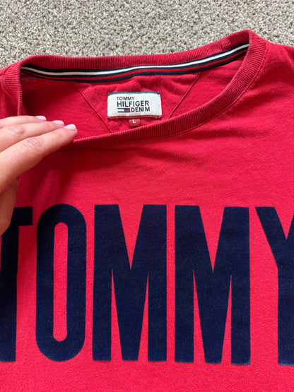 Large Tommy Hilfiger Red Suede Spell-out T-Shirt
