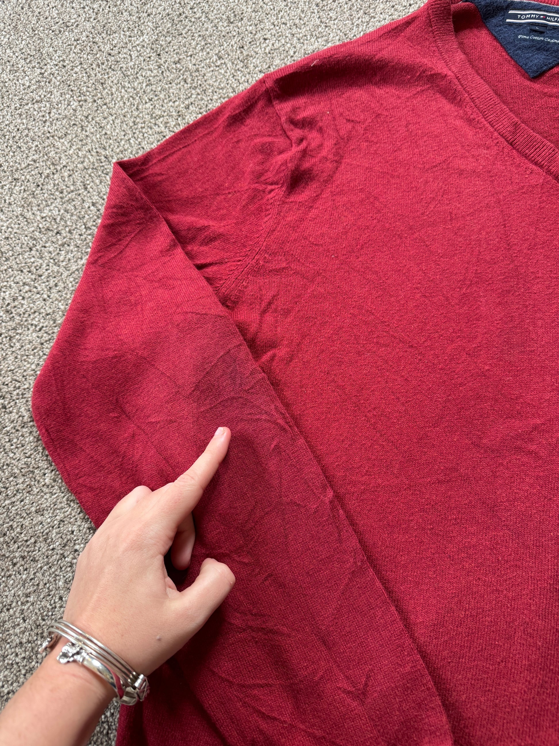 Large Tommy Hilfiger Red Pima Cotton Cashmere V-Neck Jumper
