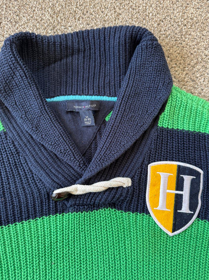Aged 8-10 Tommy Hilfiger Green and Navy Knitted Shawl Neck Jumper