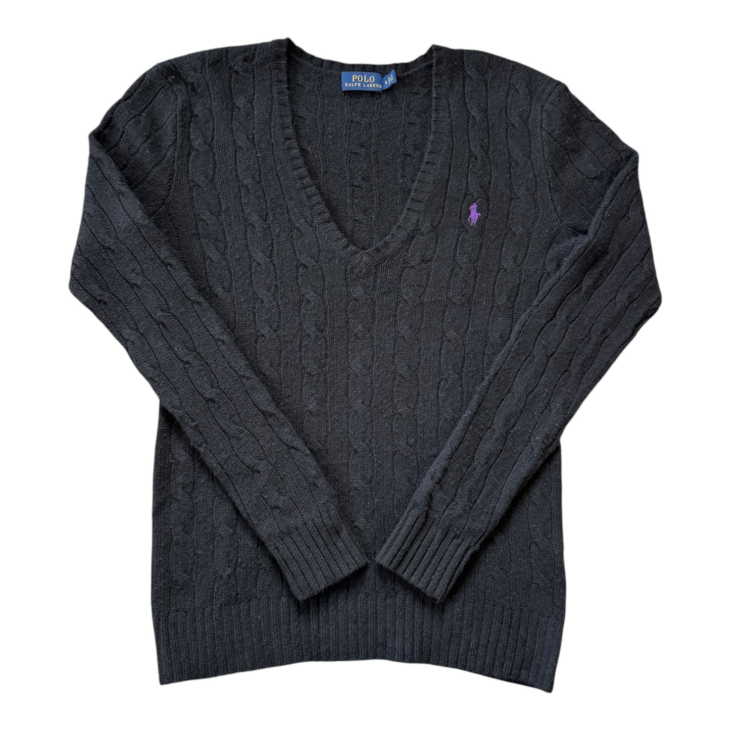 Woman's Small Ralph Lauren Black Wool V-Neck Cable Knit