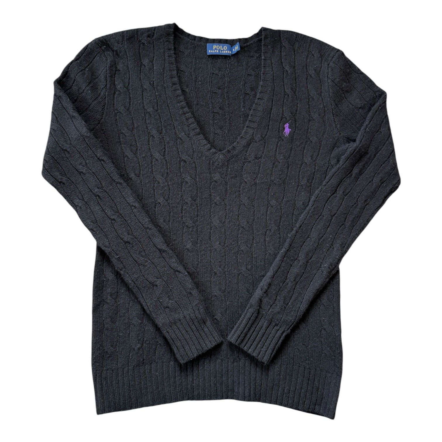 Woman's Small Ralph Lauren Black Wool V-Neck Cable Knit