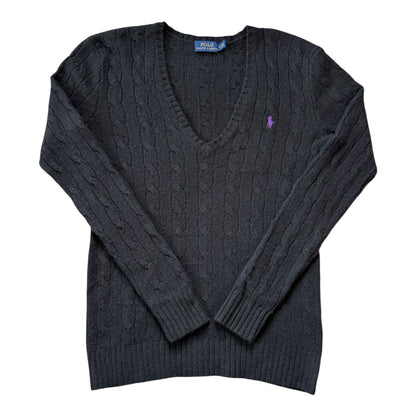 Woman's Small Ralph Lauren Black Wool V-Neck Cable Knit