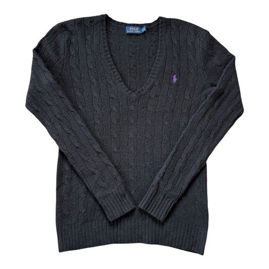 Woman's Small Ralph Lauren Black Wool V-Neck Cable Knit