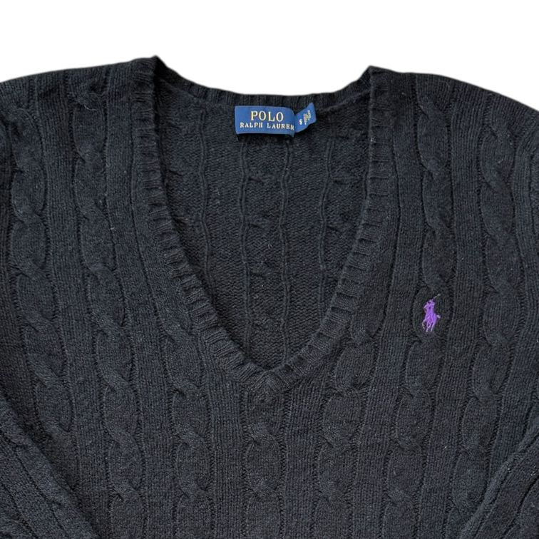 Woman's Small Ralph Lauren Black Wool V-Neck Cable Knit