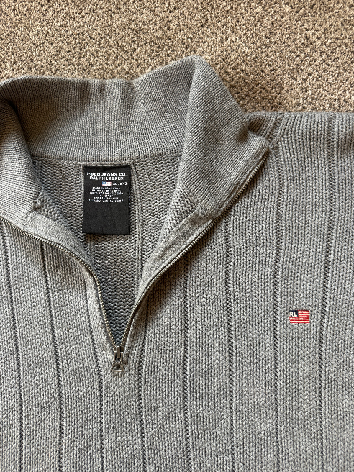 Extra large Ralph Lauren Grey Heavy Knit USA Flag 1/4 Zip